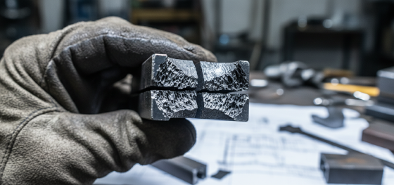Quality inspector holding a cracked metal joint ruined by severe internal porosity
