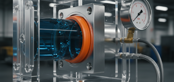 Customized flexible orange seal surviving high-pressure fluid testing inside a heavy transparent acrylic chamber