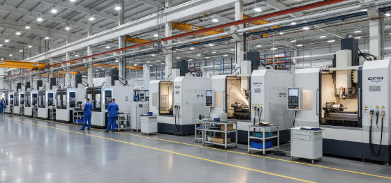 Hybrid manufacturing floor featuring advanced SLS powder printers operating alongside heavy 5 axis CNC centers