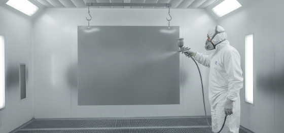 spraying zinc-rich primer on steel