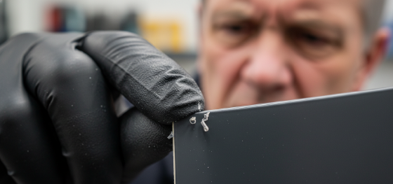 Senior engineer using a thumbnail to test the adhesion strength of acrylic paint on a plastic prototype