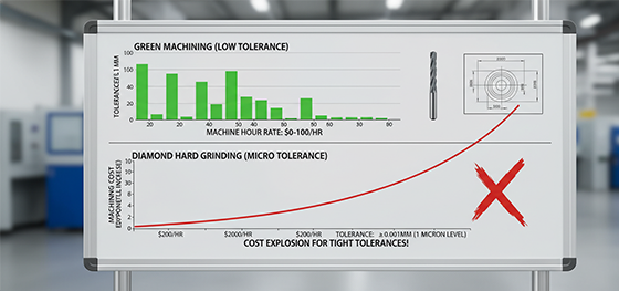 Cost analysis chart comparing cheap green ceramic machining against the exponentially high cost of diamond grinding