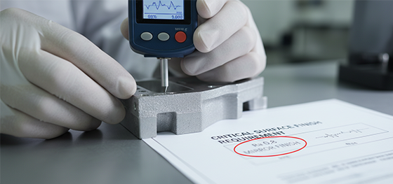 QC engineer using a profilometer to measure the rough sandpaper-like surface finish of an untreated metal 3D printed part