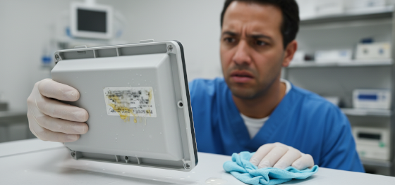 dissolved adhesive tracking labels on expensive medical hardware enclosures