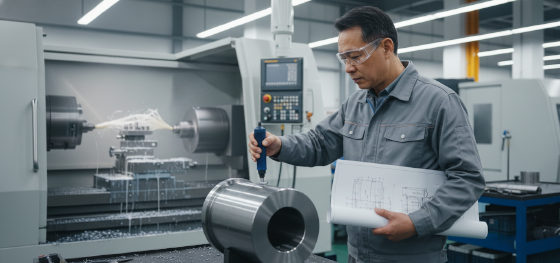 Senior metallurgical engineer testing steel surface hardness next to a CNC lathe machine_