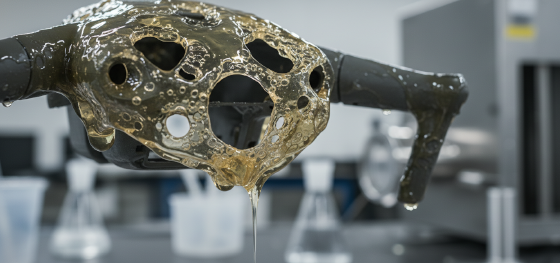 Failed cast prototype exhibiting a sticky uncured surface and massive internal air voids due to moisture contamination
