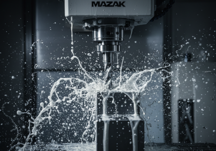 Heavy duty milling machine cutting a solid titanium aerospace turbine billet with high-pressure coolant.png
