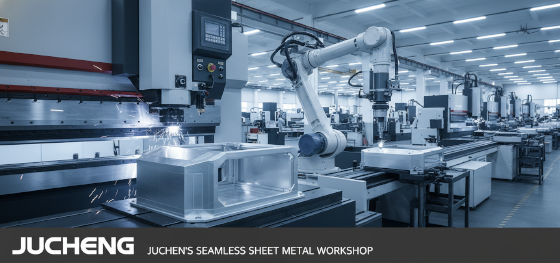 High-precision CNC press brake forming complex aluminum enclosures alongside automated fastener insertion robots at Jucheng Shenzhen