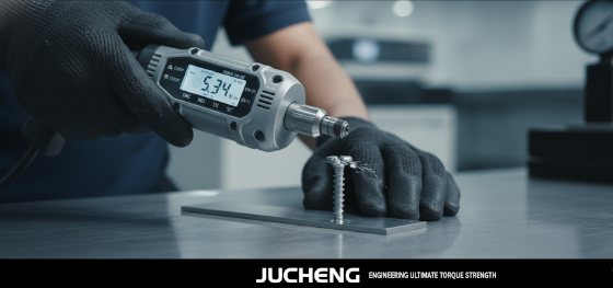 Quality engineer utilizing a precision torque wrench to determine the ultimate torque-out failure point of a threaded fastener