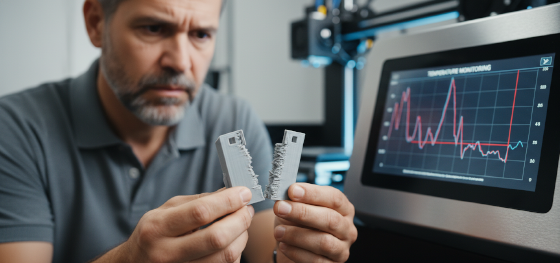 Senior hardware engineer inspecting a snapped PLA 3D printed bracket exhibiting poor interlayer adhesion