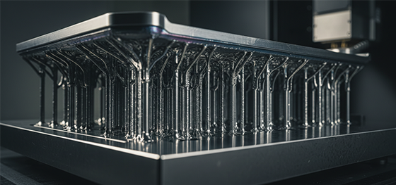 Thick metallic support structures anchoring a DMLS 3D printed part to the build plate to prevent severe thermal shrinkage and warping