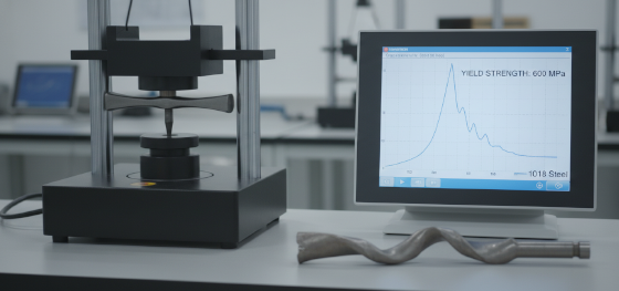 Universal testing machine comparing the yield strength and stress-strain curves of 1018 vs 1045 steel specimens_