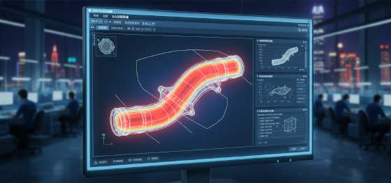 Design for manufacturing software analyzing an automotive duct and highlighting dangerous thin wall zones