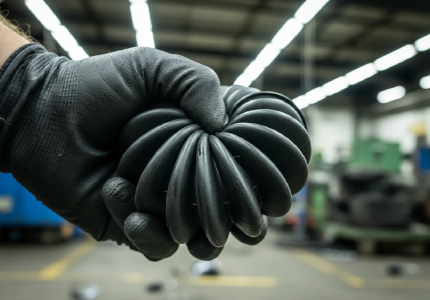 Mechanic aggressively twisting a highly flexible black polyurethane automotive dust boot demonstrating extreme material resilience.png