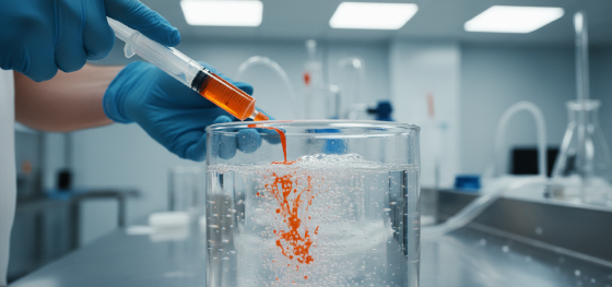 Technician injecting highly concentrated color pigments and foaming agents into a clear vat of liquid polymer