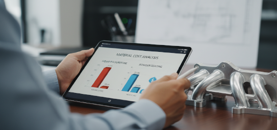 Procurement engineer calculating material volume costs between liquid automotive paint and powder coating