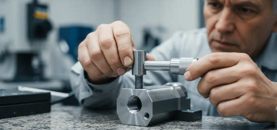 Senior QC engineer verifying internal thread pitch and diameter using a precision Go No-Go thread gauge