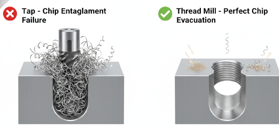 Comparison of severe chip entanglement on a rigid tap versus the fine powdery chips produced by thread milling
