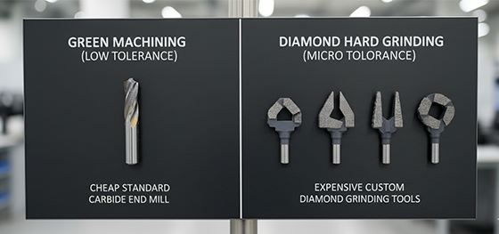 Cost comparison board evaluating cheap carbide end mills against highly expensive diamond grinding tools
