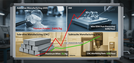 Cost analysis board comparing astronomical metal powder and post-processing expenses against traditional CNC billet machining
