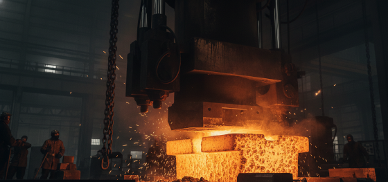 Hydraulic forging of glowing H13 tool steel ingot used for manufacturing high-pressure industrial dies