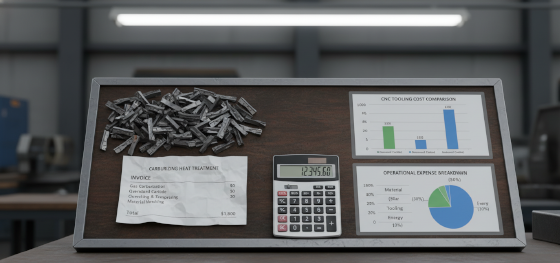 CNC machining cost analysis board comparing tool wear inserts and carburizing heat treatment bills for carbon steel_