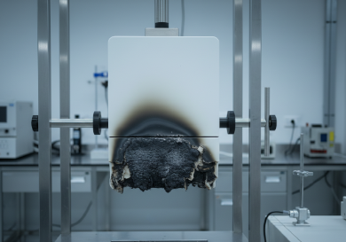 vertical flame test on a flame retardant polyurethane RIM medical housing.png
