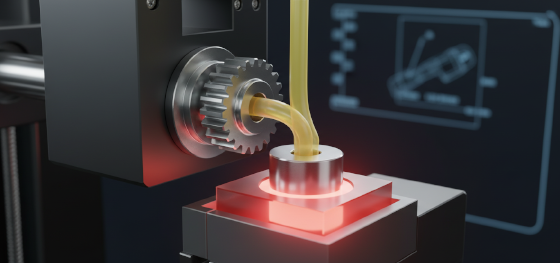Direct drive extruder gear gripping a soft yellow flexible filament pushing it safely into a heated nozzle