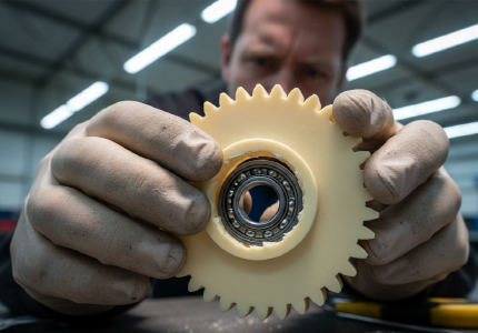 Frustrated engineer attempting to force a precision steel bearing into a poorly toleranced 3D printed nylon gear.png