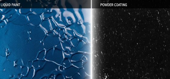 Microscopic comparison of cured liquid polyurethane paint surface versus baked powder coating texture