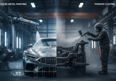 Industrial comparison of robotic liquid automotive painting versus electrostatic powder coating for car parts.png