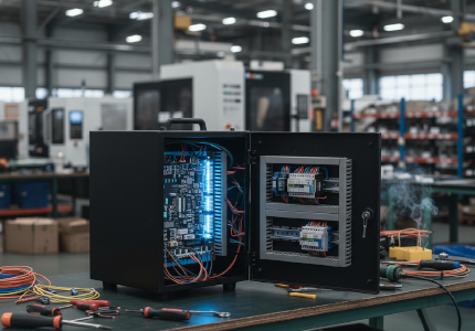heavy duty matte black industrial electrical cabinet protecting internal plc boards.png