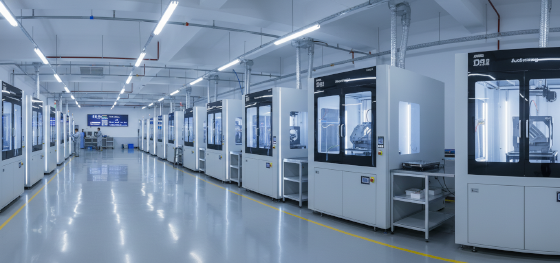 Industrial 3D printers with precision climate control operating continuously in Jucheng's Shenzhen facility