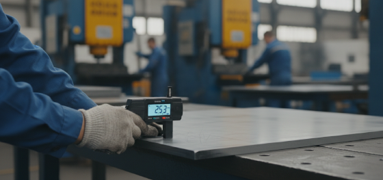 micrometer measuring steel sheet thickness